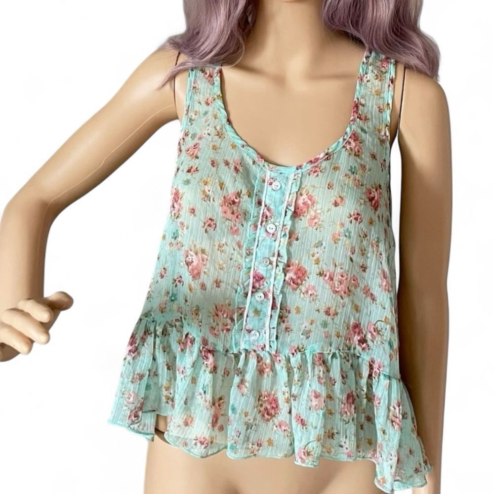 Iris Blue Sleeveless Sheer Peplum BOHO Floral CropTop Blouse Aqua Rose Medium